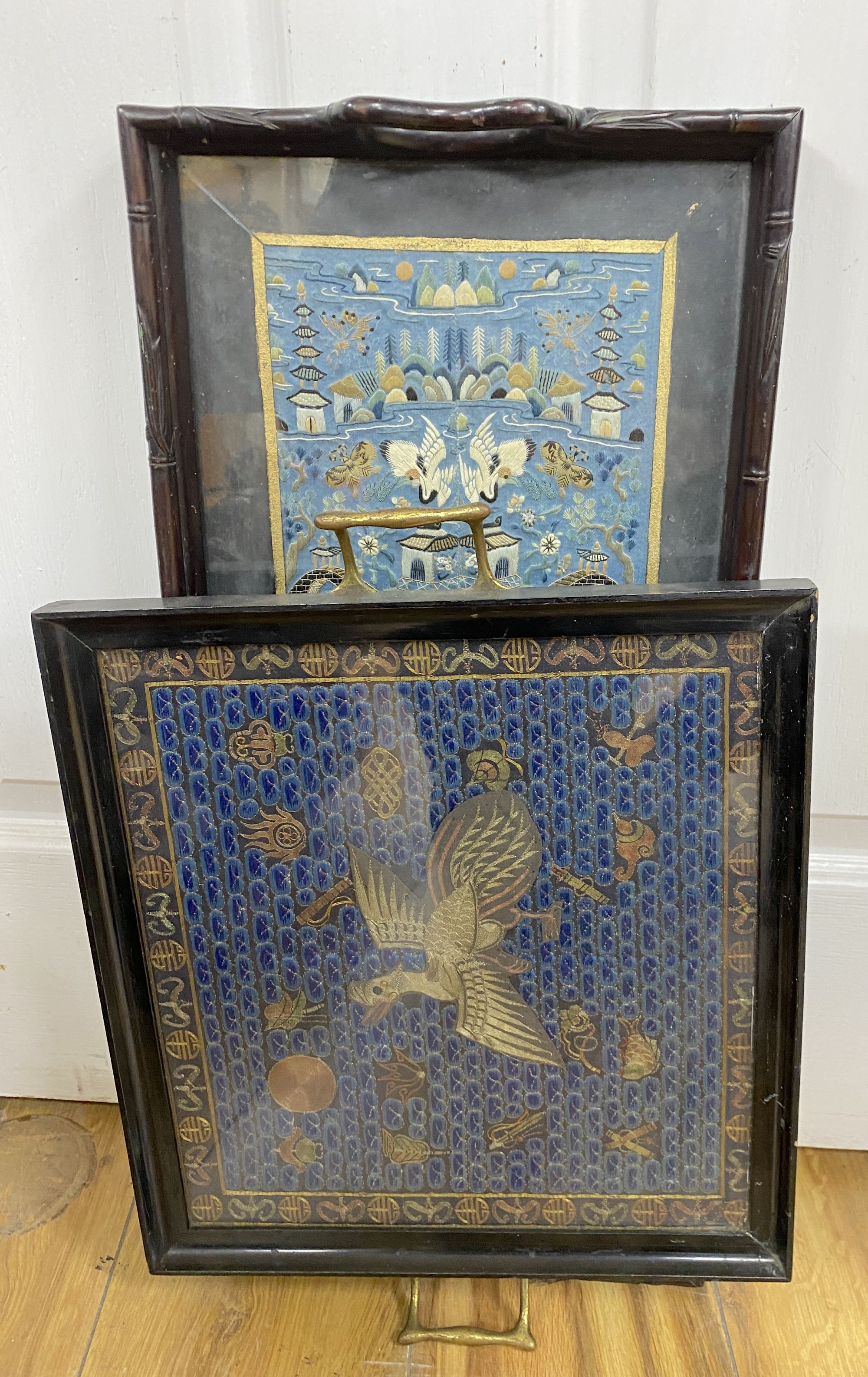 Two trays inset with Chinese embroidered silk panels, largest 53 x 23cm